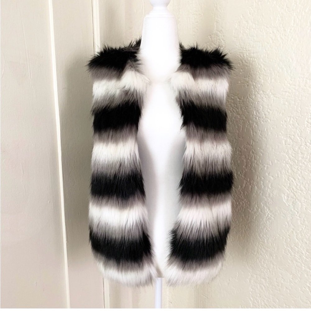 Faux Fur Striped Vest Black White Grey Coat